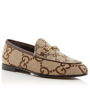 Gucci Jordaan GG Supreme Logo Canvas Horsebit Bit Loafers Flat Shoes